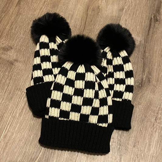 Checkered Faux Fur Puff Girls Beanie Think Cute Boutique