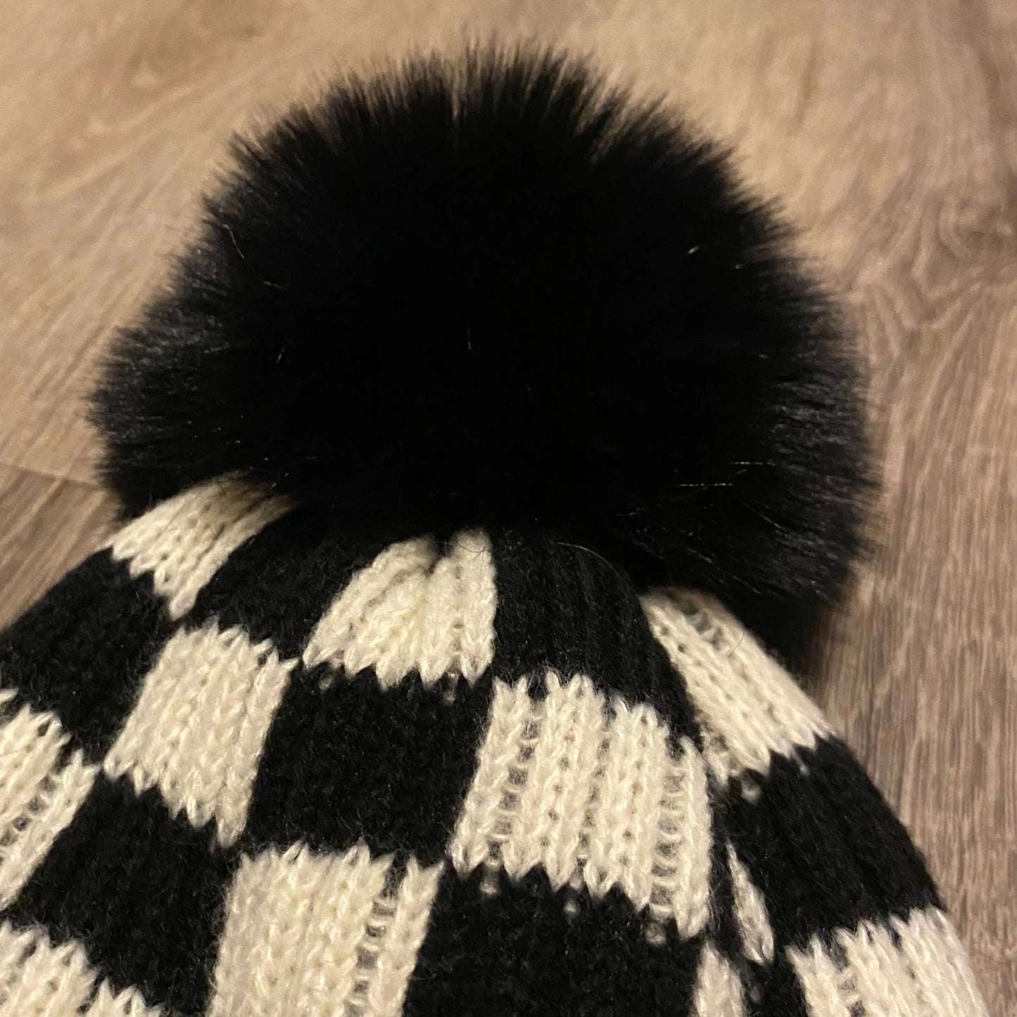 Checkered Faux Fur Puff Girls Beanie Think Cute Boutique