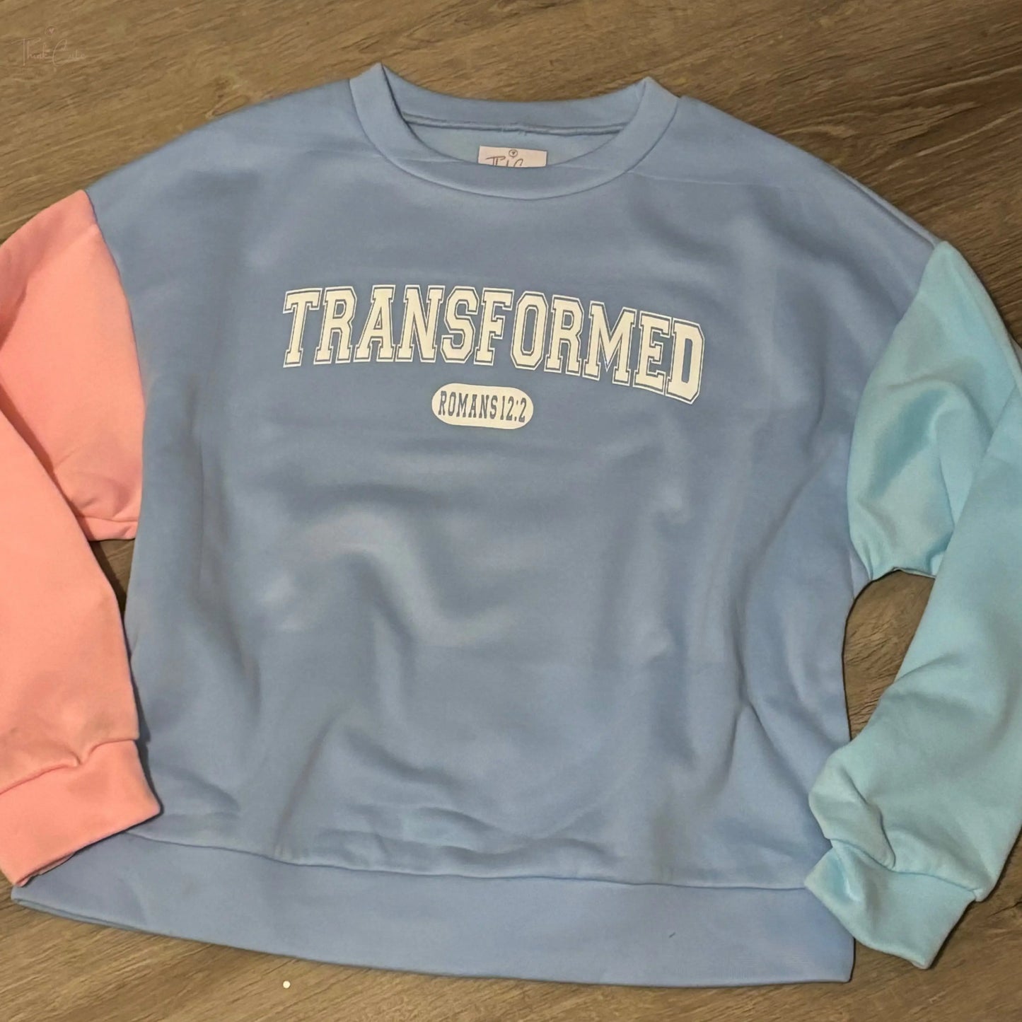 Transformed Romans 12:2 University Tri Colored Crew Think Cute Boutique