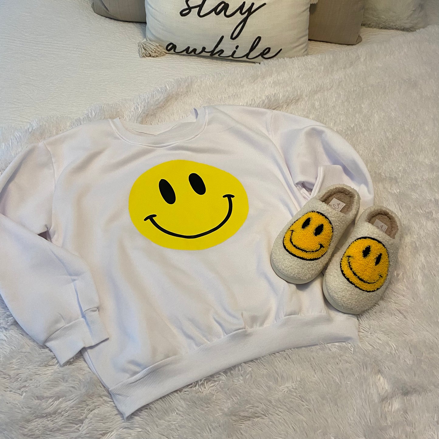 "Be Happy Cutie" Smiley Face Crewneck Sweatshirt Think Cute Boutique