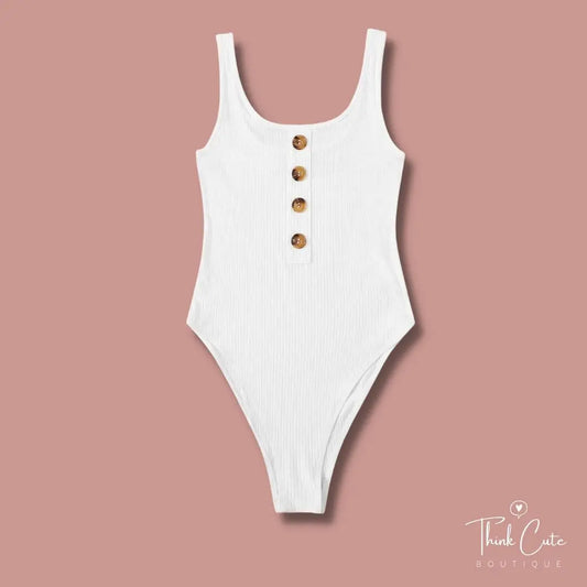 Island Beach Babe Bodysuit White, Casual, With Tortoise Shell designed buttons Button, Rib-Knit Bodysuit Tank Scoop Neck and Sleeveless Slight Stretch