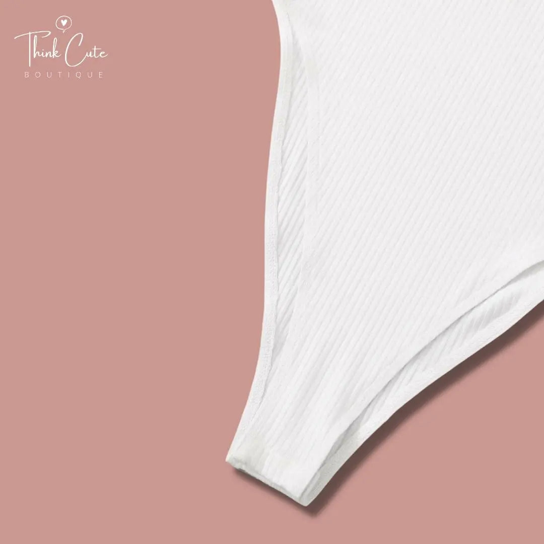 Island Beach Babe Bodysuit White, Casual, With Tortoise Shell designed buttons Button, Rib-Knit Bodysuit Tank Scoop Neck and Sleeveless Slight Stretch