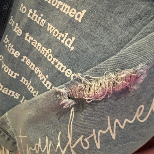 Transformed Oversized Distressed Denim Jacket [Romans 12:2] Think Cute Boutique