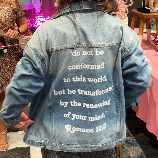Transformed Oversized Distressed Denim Jacket [Romans 12:2] Think Cute Boutique