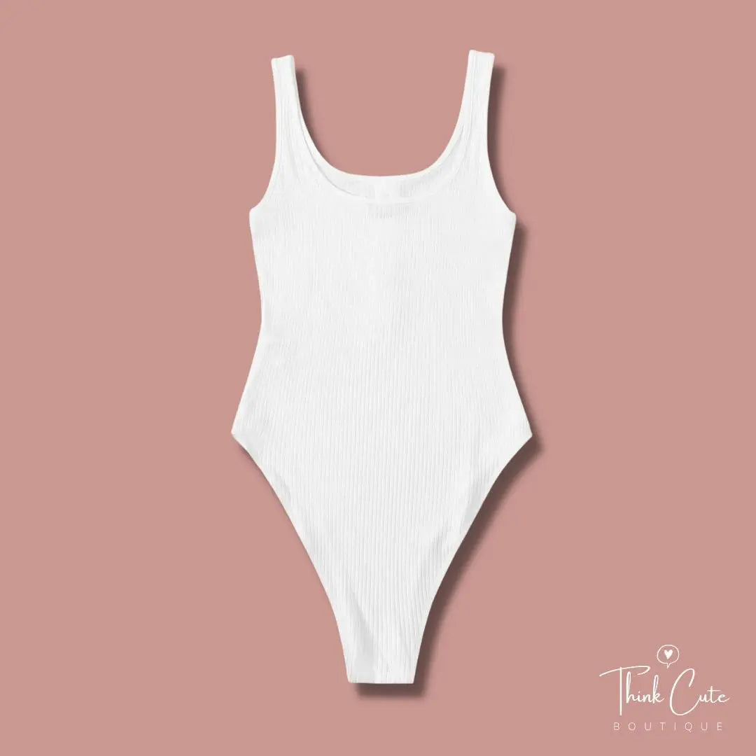 Island Beach Babe Bodysuit White, Casual, With Tortoise Shell designed buttons Button, Rib-Knit Bodysuit Tank Scoop Neck and Sleeveless Slight Stretch