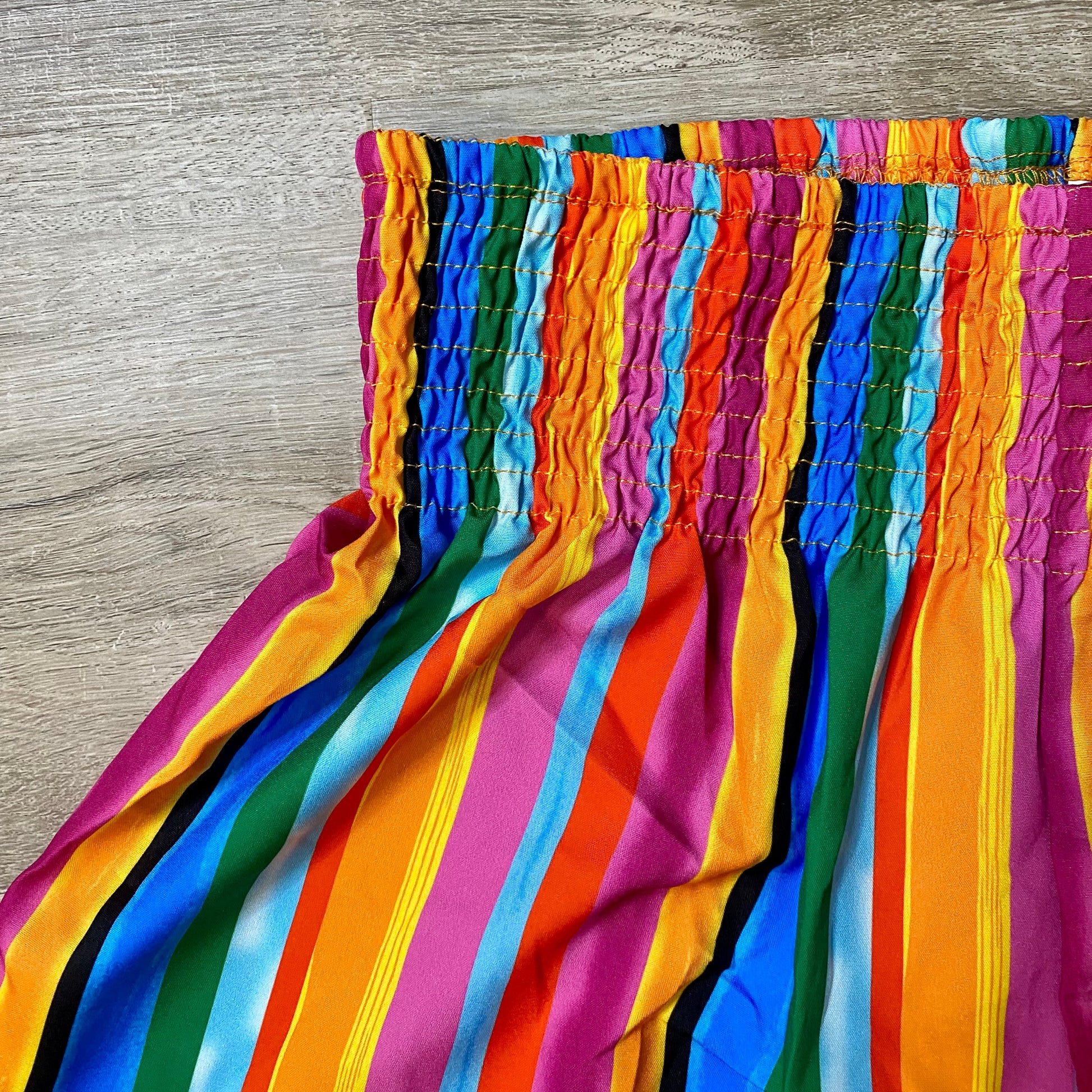 Fiesta Island shorts Description: Multicolor, Boho, Striped Shorts Wide Leg with Elastic Waist Shirred, High Waist, Cropped Loose with a Non-Stretch Material: Polyester 95% Polyester, 5% Elastane Care Instructions: Machine wash, tumble or air dry